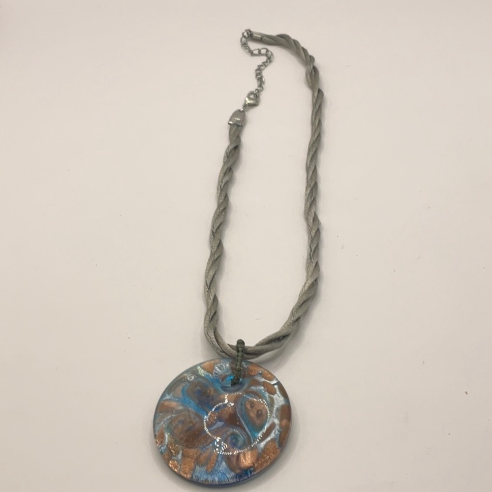 Boho Statement Necklace large Glass Swirl on Silver Twine hippie chic